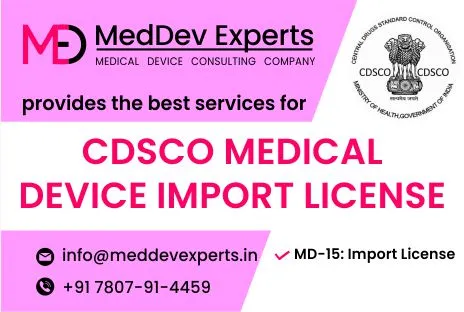 Banner of MedDev Experts highlighted their services of CDSCO Medical Device Import License