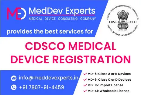 Banner of MedDev Experts highlighted their services of CDSCO Medical Device Registration