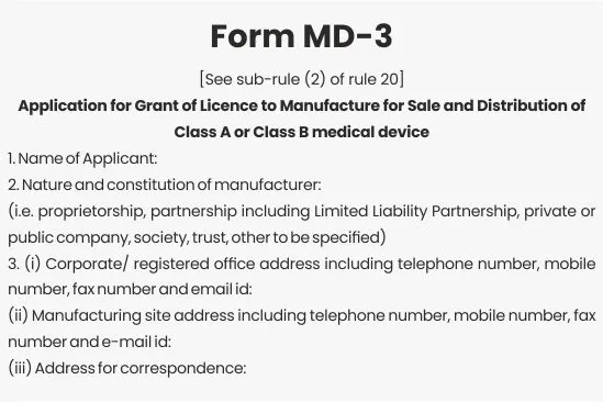 Form MD-3 Application for Medical Device License for Class A-B Devices in India