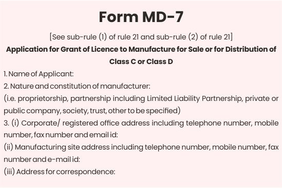 Form MD-7 Application for Medical Device License for Class C-D Devices in India