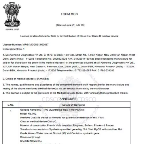 medical device manufacturing license MD-9