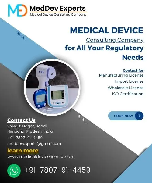 Medical Device Consultant in India. Services include manufacturing license, import license, wholesale license, ISO certification, FDA device listing, and 510(k) submission