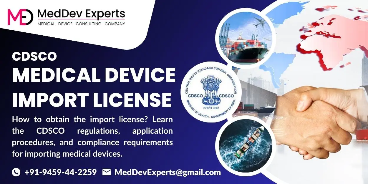 Banner of MedDev Experts highlighted their services of CDSCO Medical Device Import License