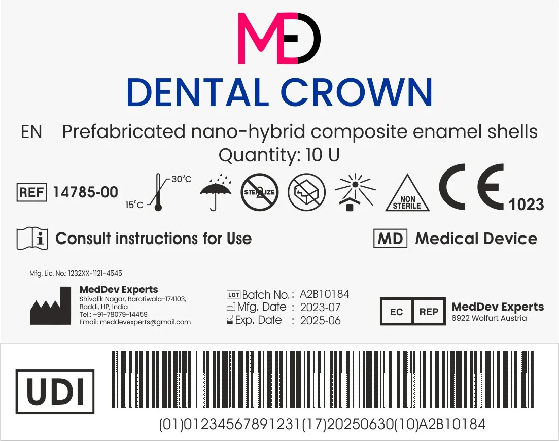 A medical device label with all required symbols designed by MedDev Experts