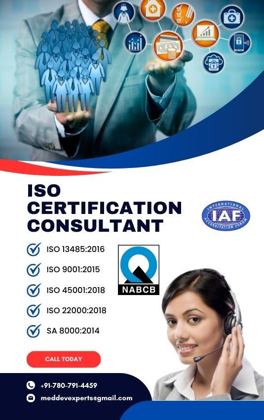 banner with headline ISO Certification Consultant and subheading ISO 9001, ISO 13485, ISO 45001, SA 8000